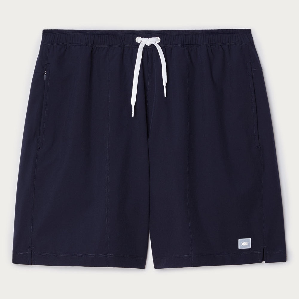 Men’s RHONE 7.5” R&R Swim Trunks with White Drawstring Size S in Color Navy
